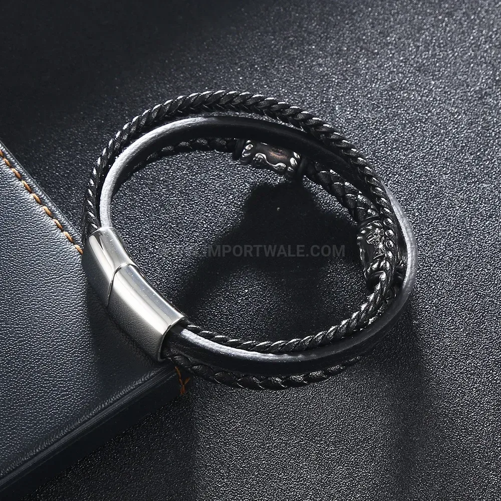Multi Layer Braided Leather Wristband with Stainless Steel Clasp