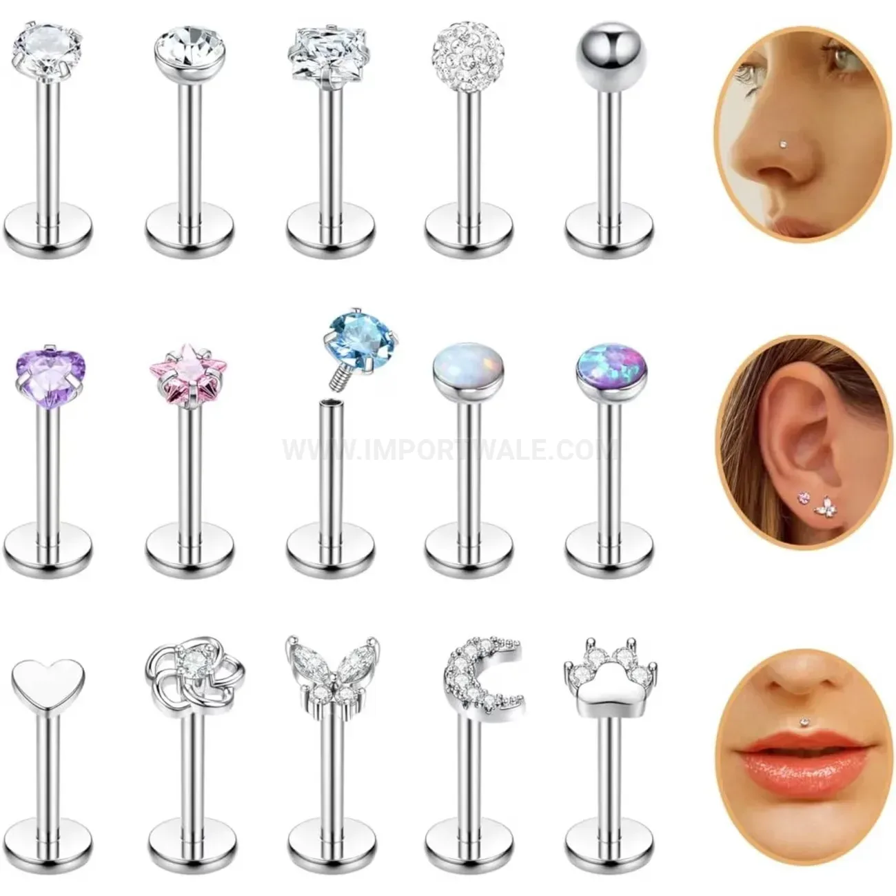 Chic Flat Back Stainless Steel Colorful Stone Labret Piercing Set