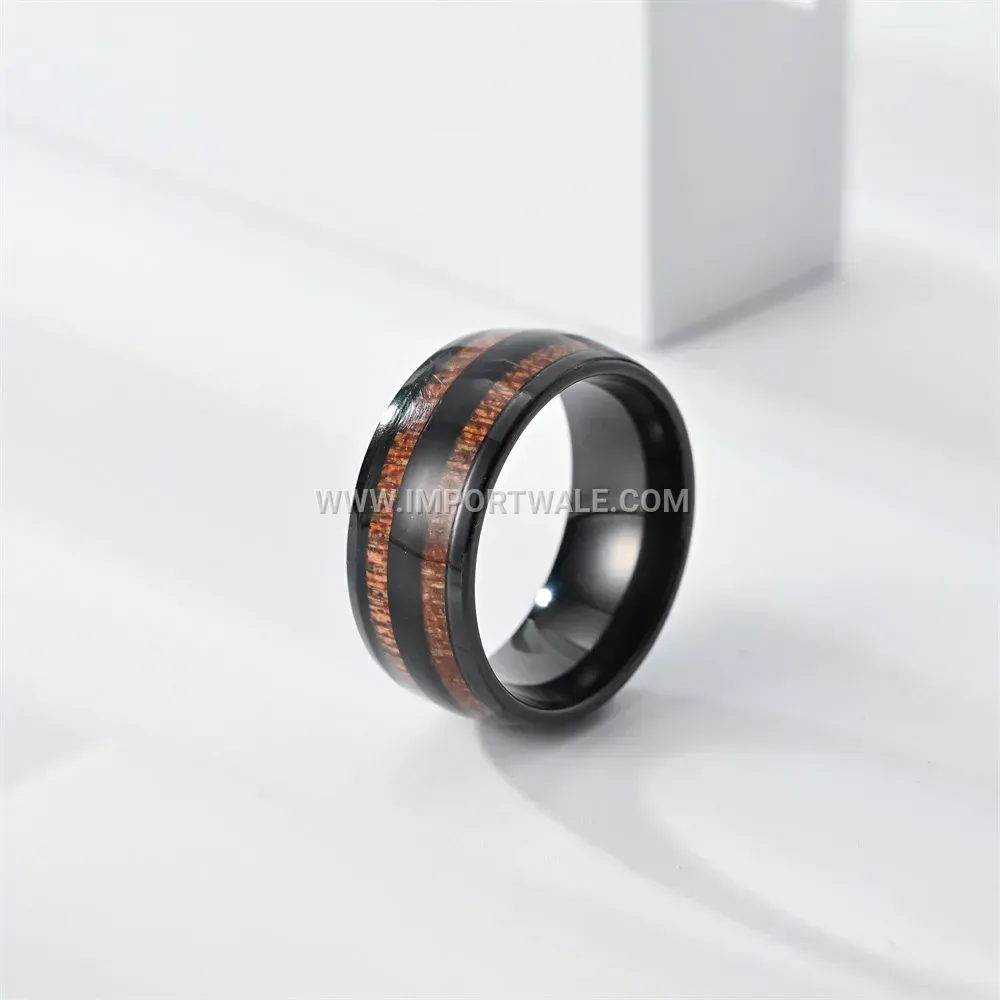 Enamel Inlaid Double Row Wood Grain Stainless Steel Ring