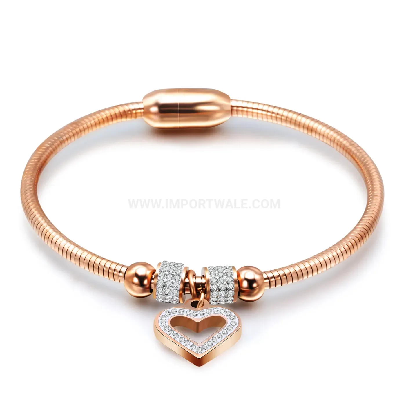 Classic Stainless Steel Heart Rhinestone Snake Chain Magnetic Bracelet