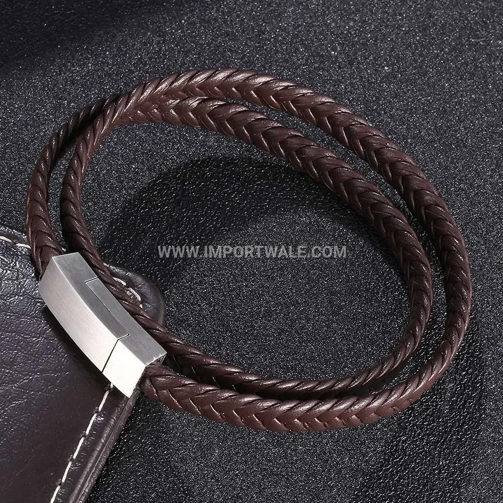 Braided Double-Layer Leather Bracelet with Magnetic Stainless Steel Clasp