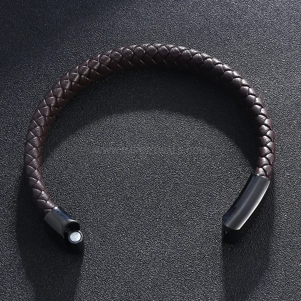 Braided Faux Leather Wristband with Stainless Steel Accent