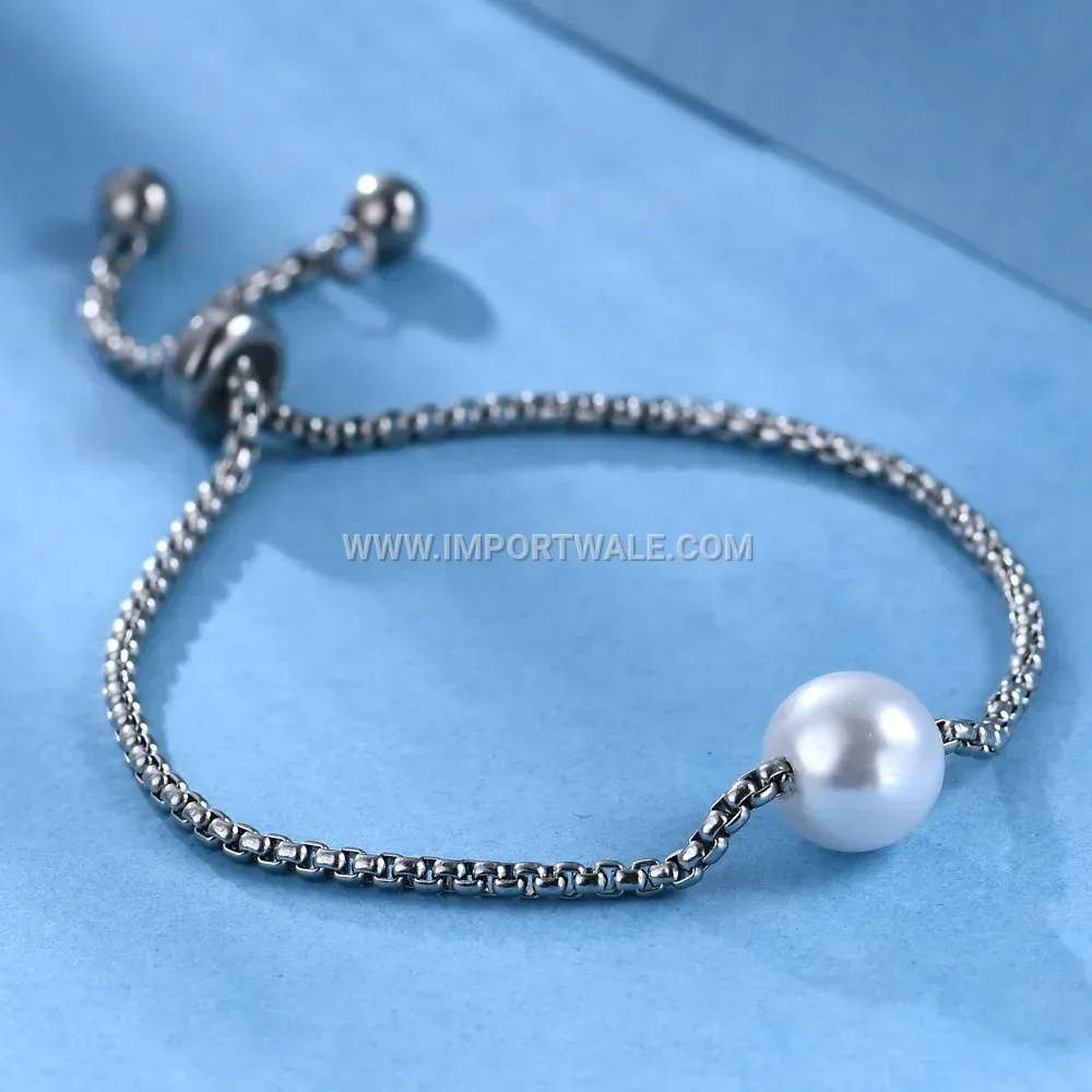 Adjustable Stainless Steel Pearl Station Chain Bracelet