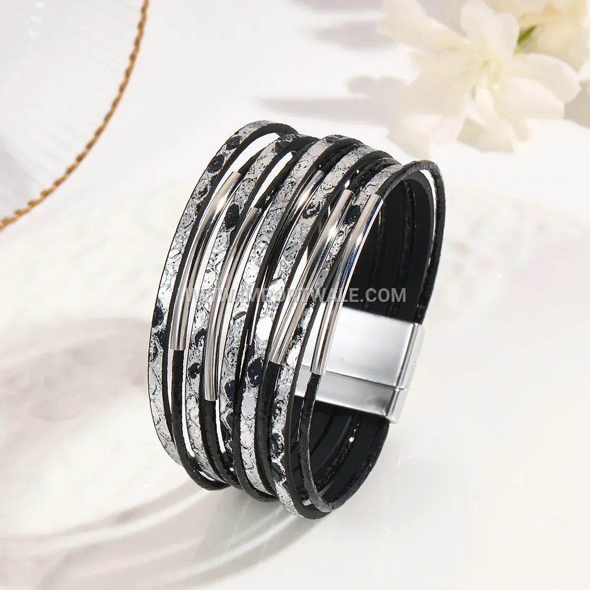 Multi-Strand Textured Leather Magnetic Clasp Wrap Bracelet