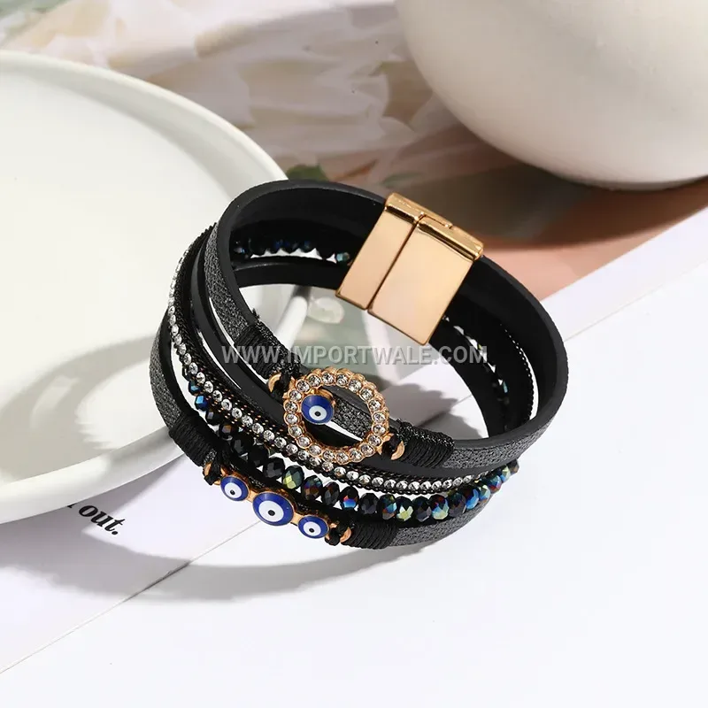 Handwoven Vintage Leather Cuff Bracelet With Alloy Magnetic Clasp