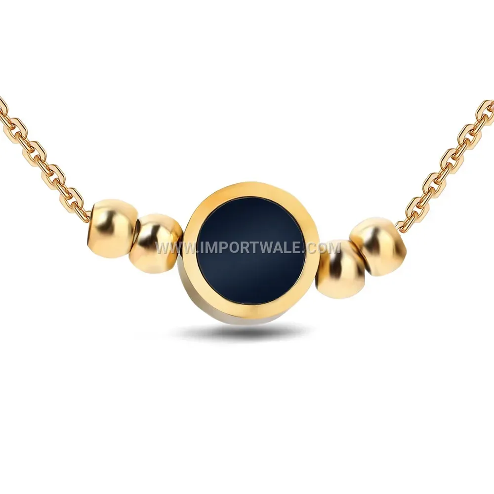 Enameled Black Circular Bead Stainless Steel Chain Necklace
