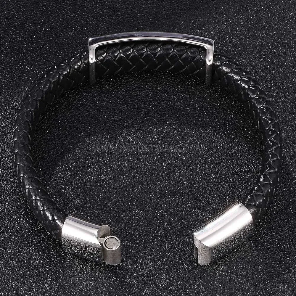 Fashion Gothic Skull Stainless Steel Accent Braided Genuine Leather Wristband