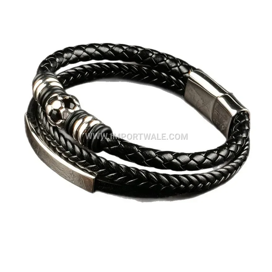 Braided Leather Football Charm Bracelet with Alloy Magnetic Clasp
