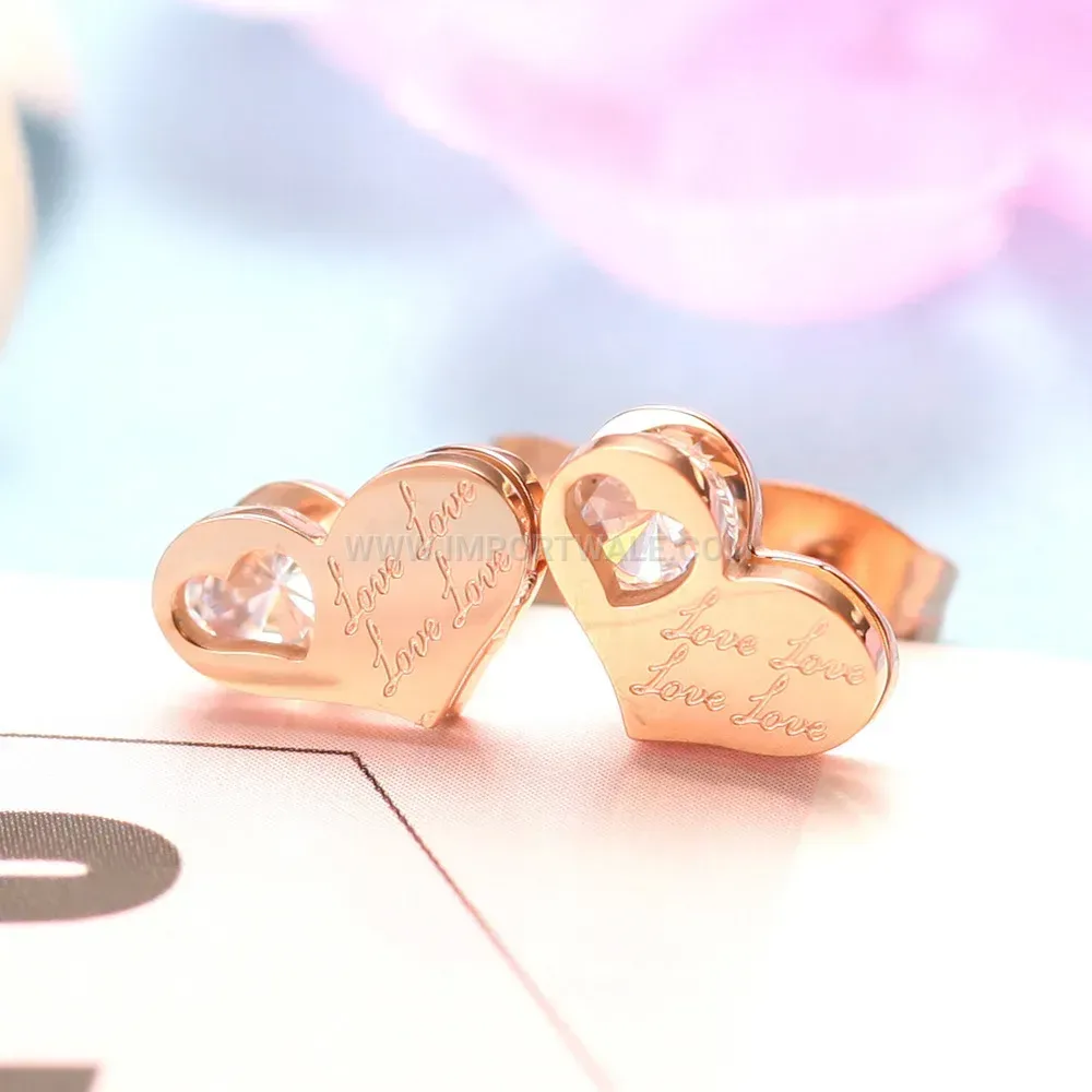Laser Engraved Love Heart Stainless Steel Crystal Stud Earrings