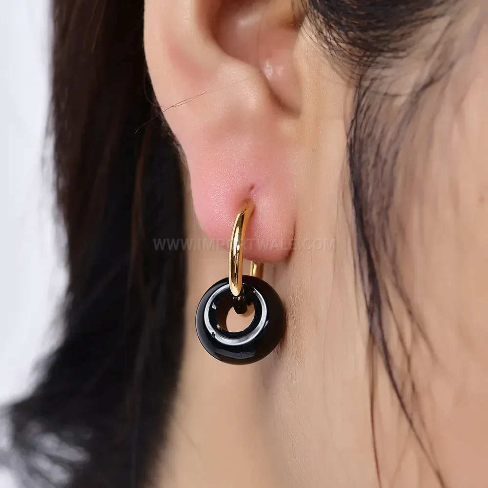 Trendy Modern 18mm Stainless Steel Onyx and Gemstone Drop Earrings