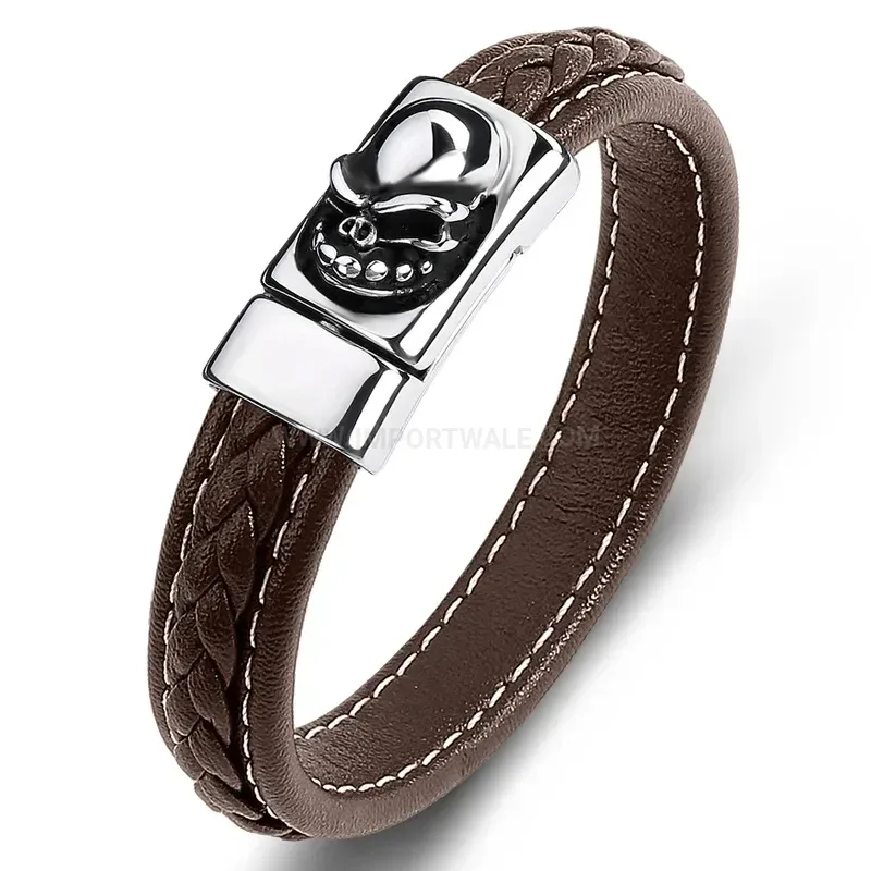 Fashion Skull Charm Leather Band Bracelet In Stainless Steel Finish