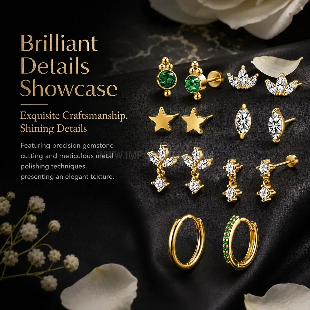 Premium Stainless Steel Green Stone Leaf Star Huggie Earring Set