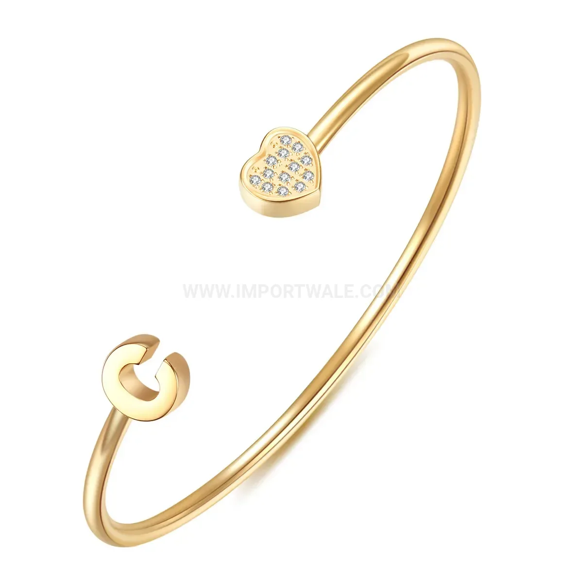 Modern Initial Letter Heart Cubic Zirconia Stainless Steel Cuff Bangle