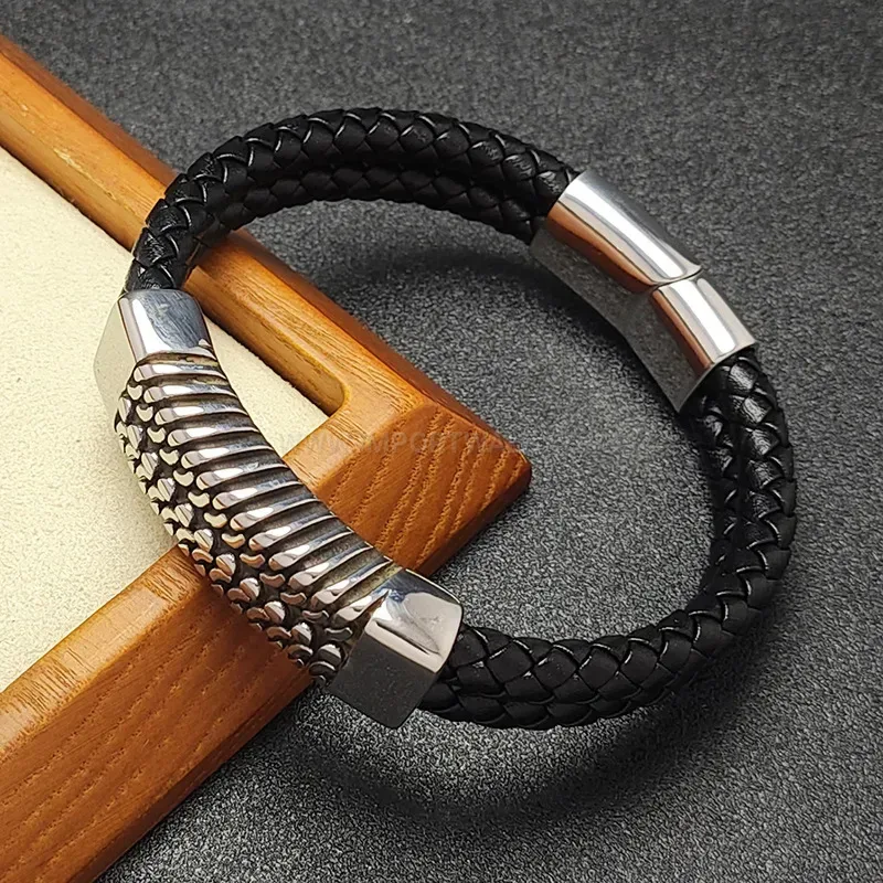 Stylish Sleek Dual-Tone Leather and Stainless Steel Minimalist Men's Wristband