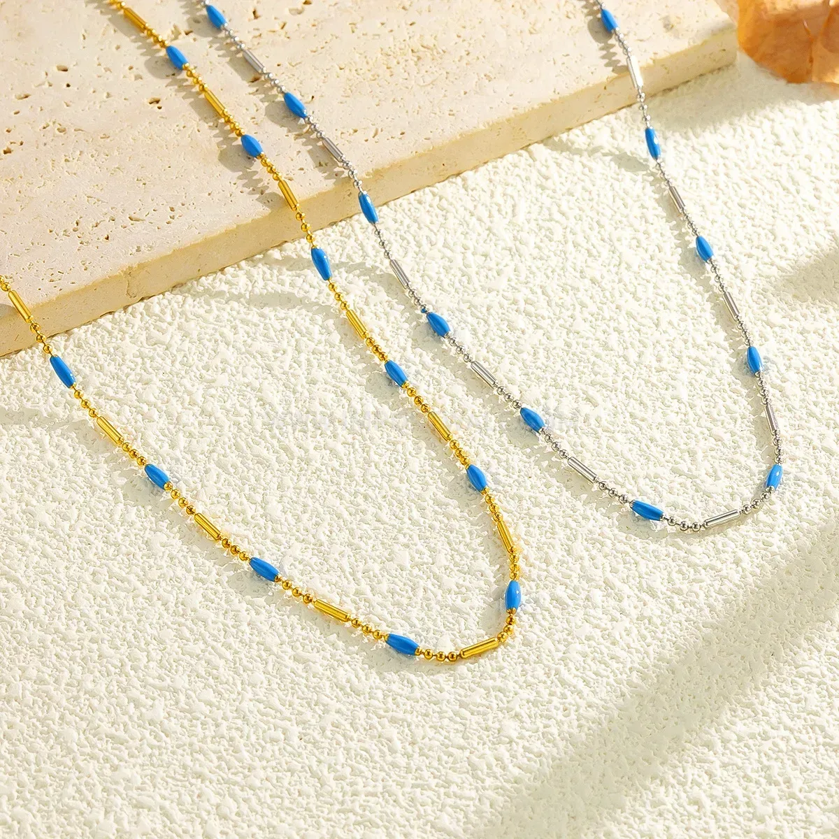 French Vintage Titanium Steel Choker Necklace with Blue Bead Accent