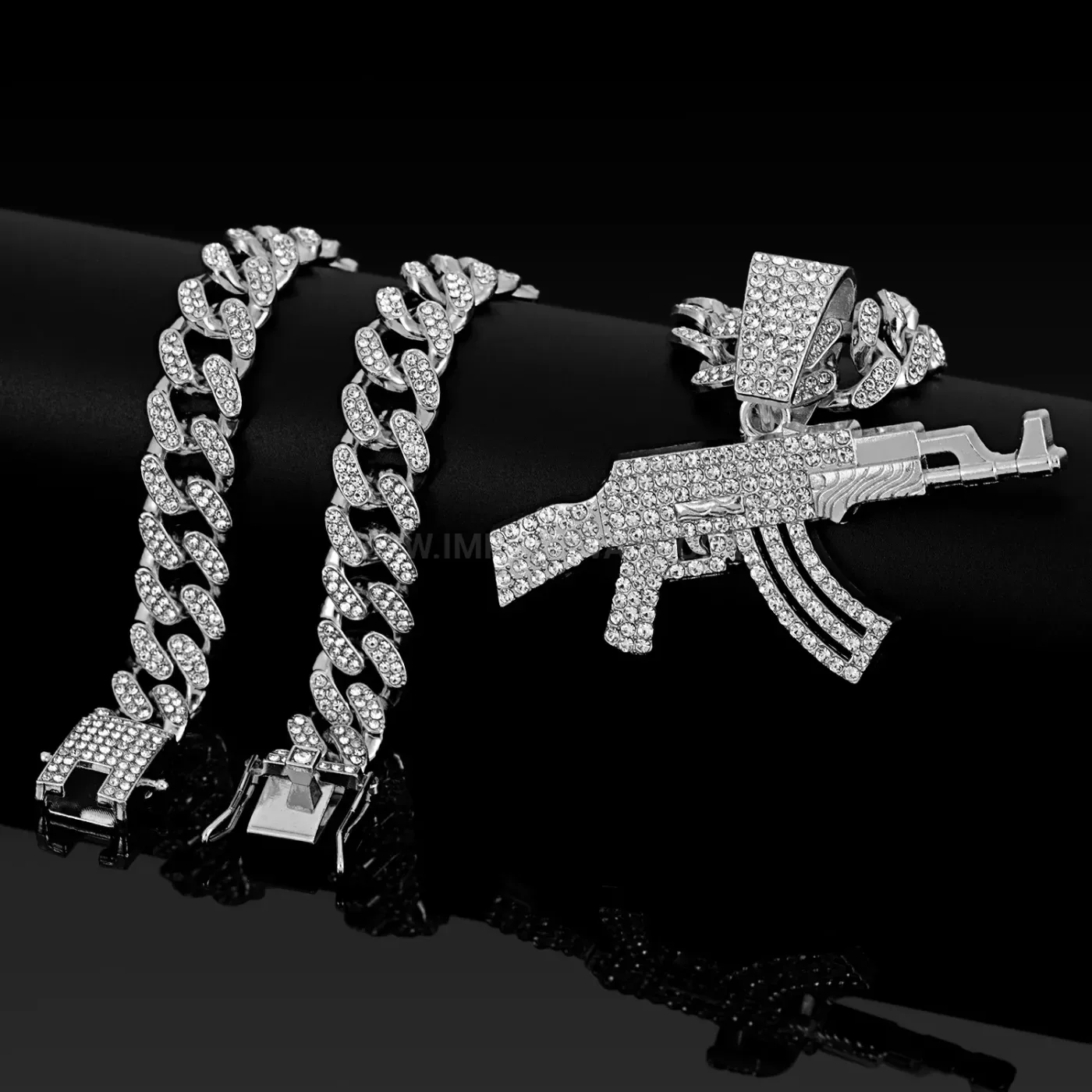 Rhinestone AK47 Rifle Pendant Hip Hop Cuban Chain Necklace