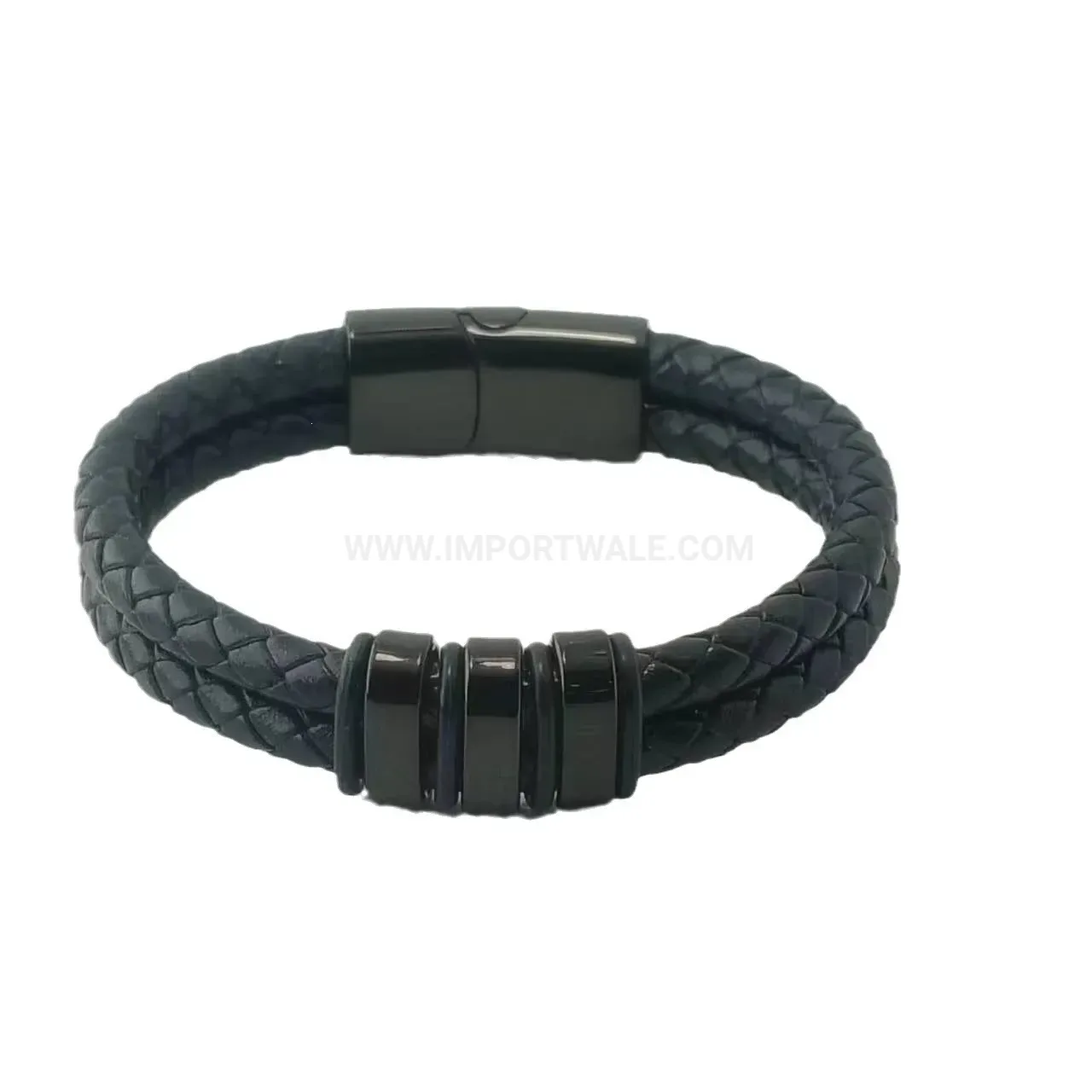 Handwoven Black Leather Bracelet with Polished Stainless Steel Accent