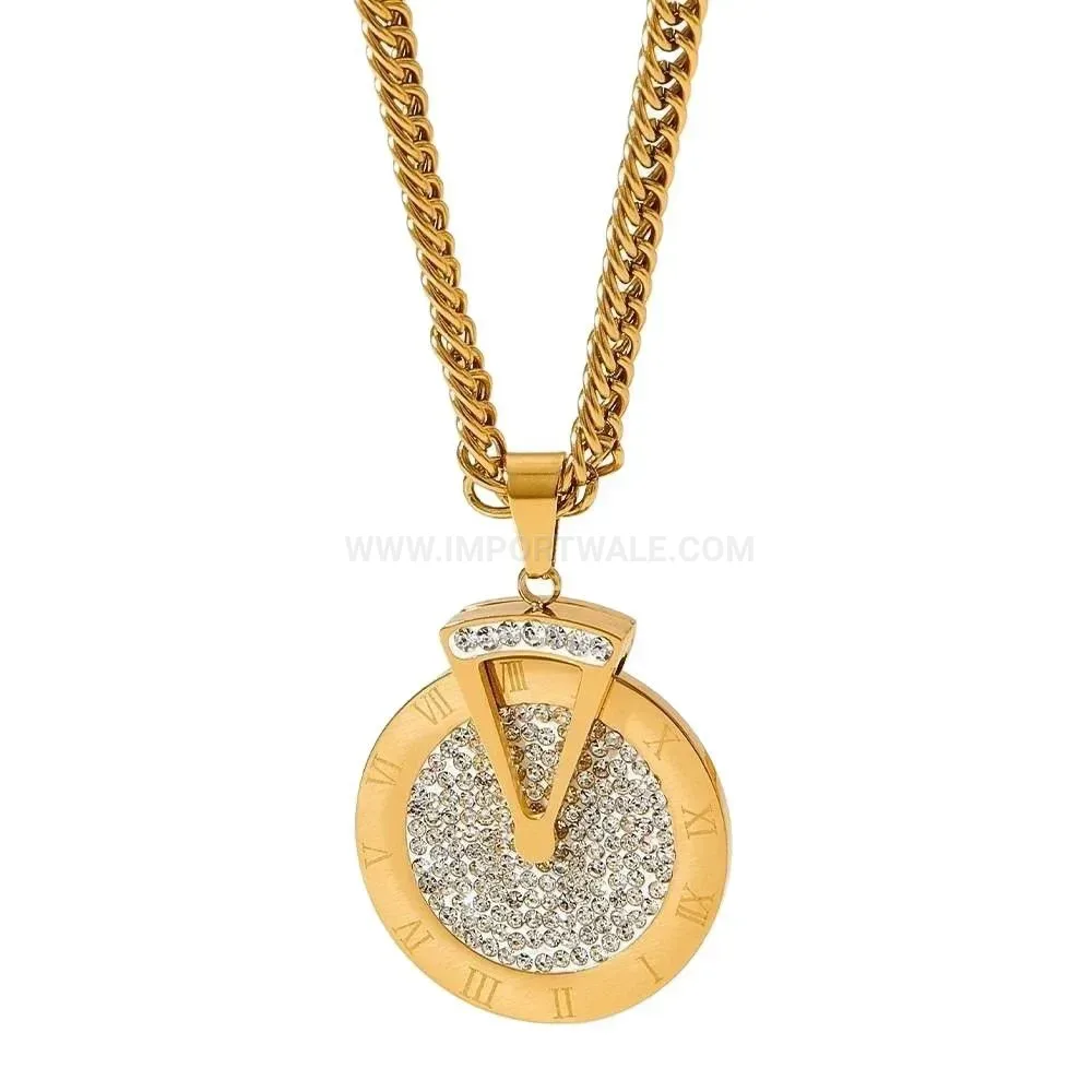 Stylish Spinning Roman Numeral Rhinestone Pendant Titanium Steel Necklace