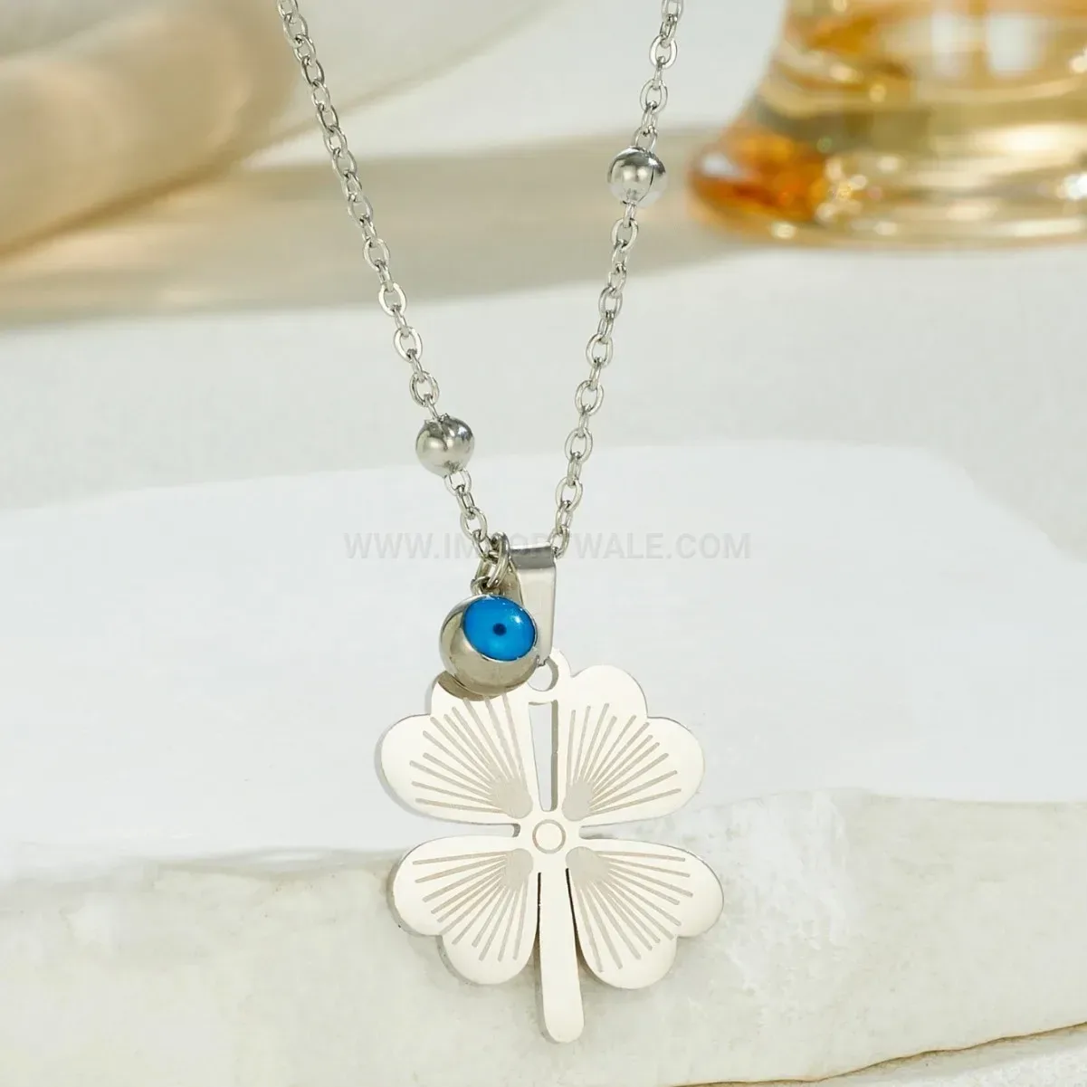 Stylish Gold Stainless Steel Engraved Four-Leaf Clover Long Pendant Necklace