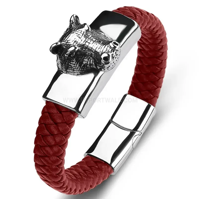Fashion Horse Head Emblem Leather Stainless Steel Men Bracelet