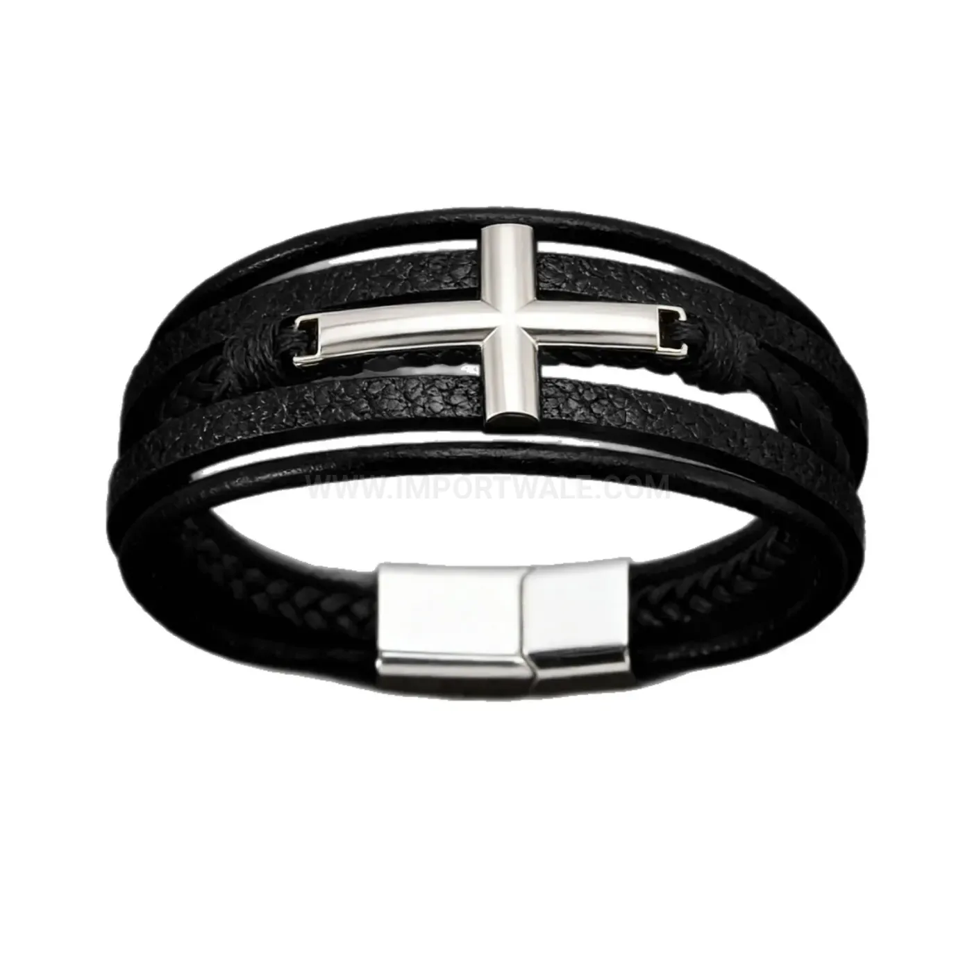 Bold Multi Layer Woven Leather Cross Bracelet With Alloy Clasp