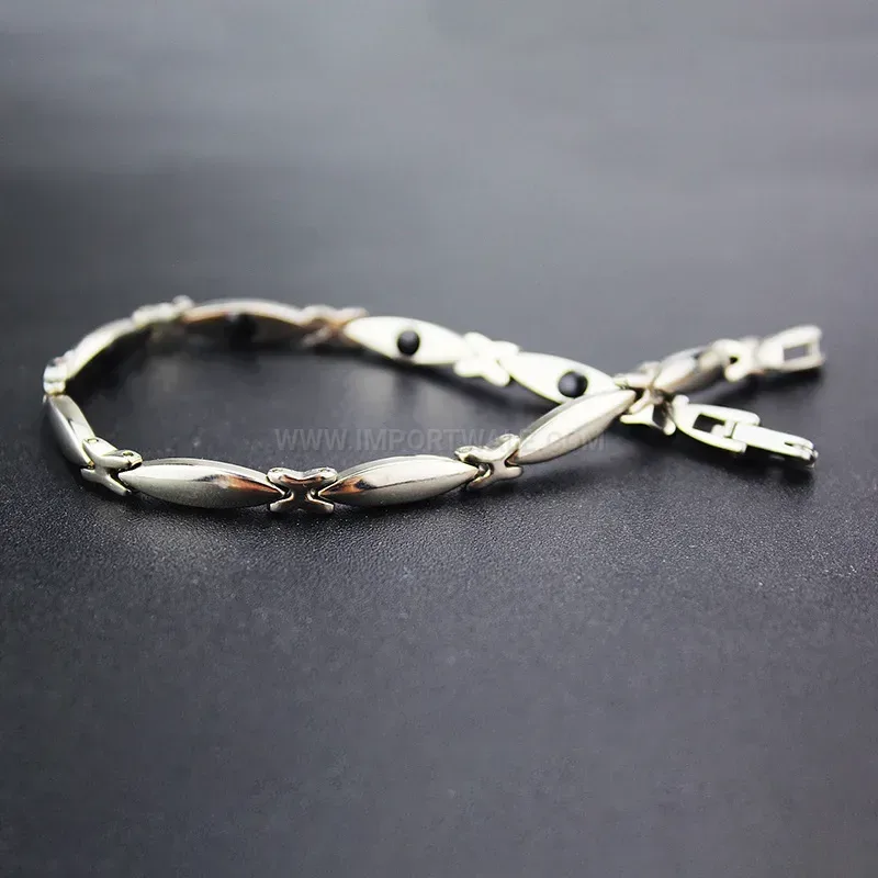 Bold Slender Titanium Steel Bio Magnetic Bracelet with Hematite Stones