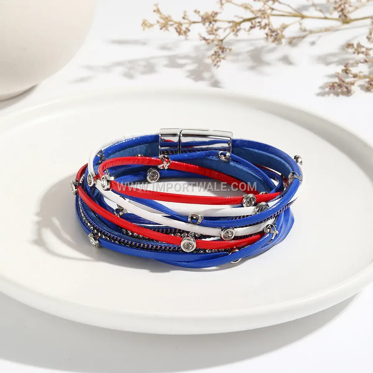 Woven Tricolor Leather Multi-Strand Bracelet with Magnetic Clasp