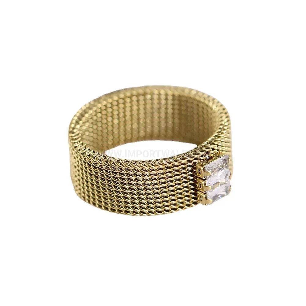 Wide Mesh Crystal Embellished Stainless Steel Ring