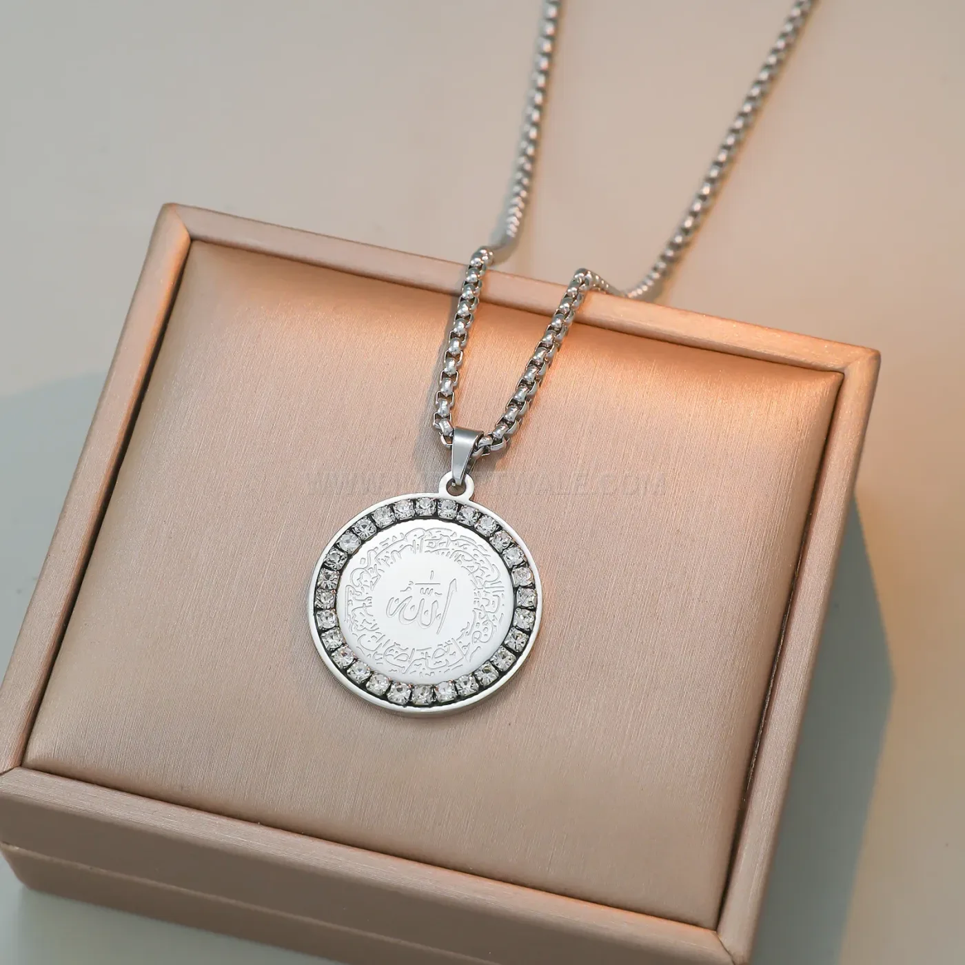 Gold Plated Stainless Steel Allah Inscription Pendant Necklace With Zircon Accent