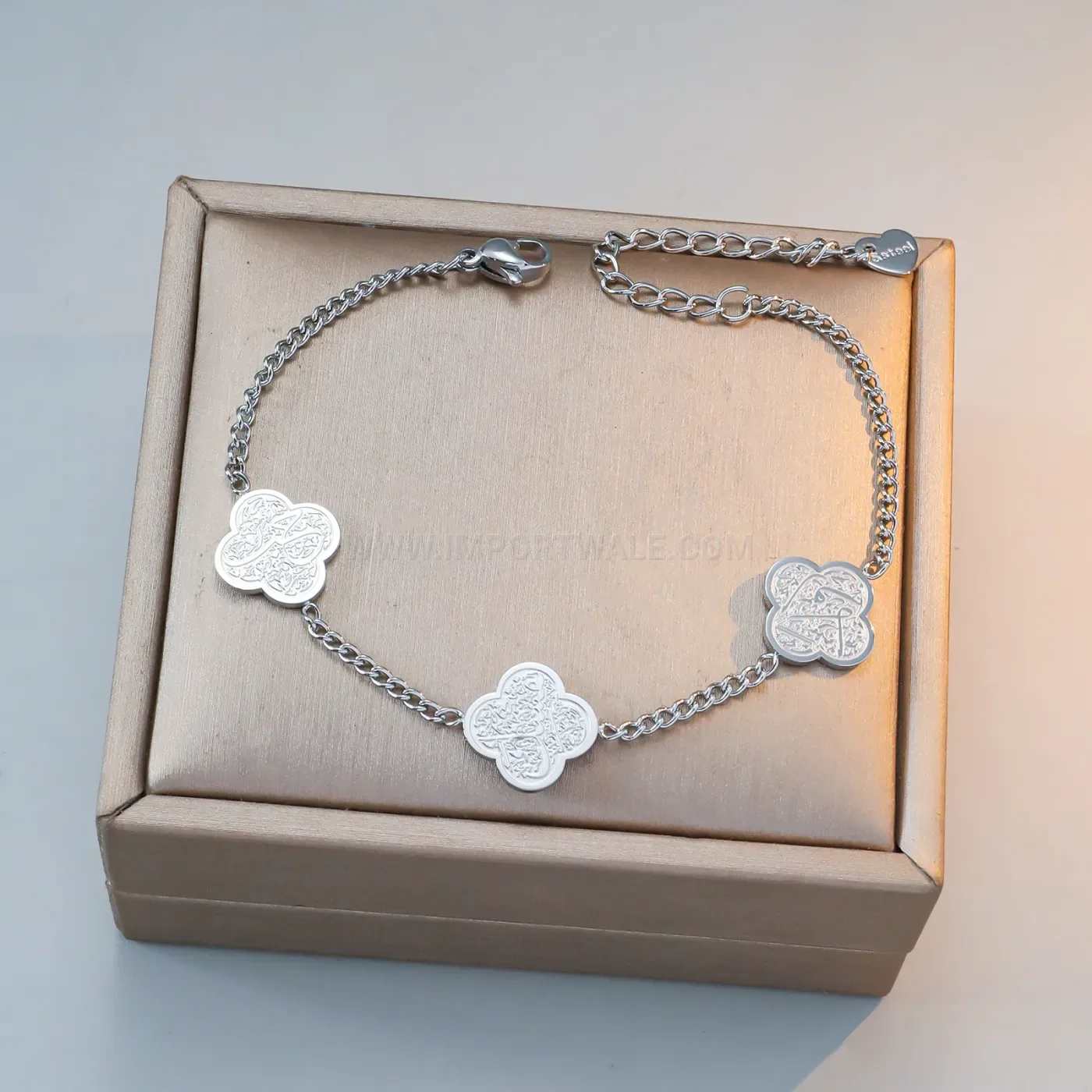 Arabic Script Clover Pendant Stainless Steel Islamic Chain Bracelet