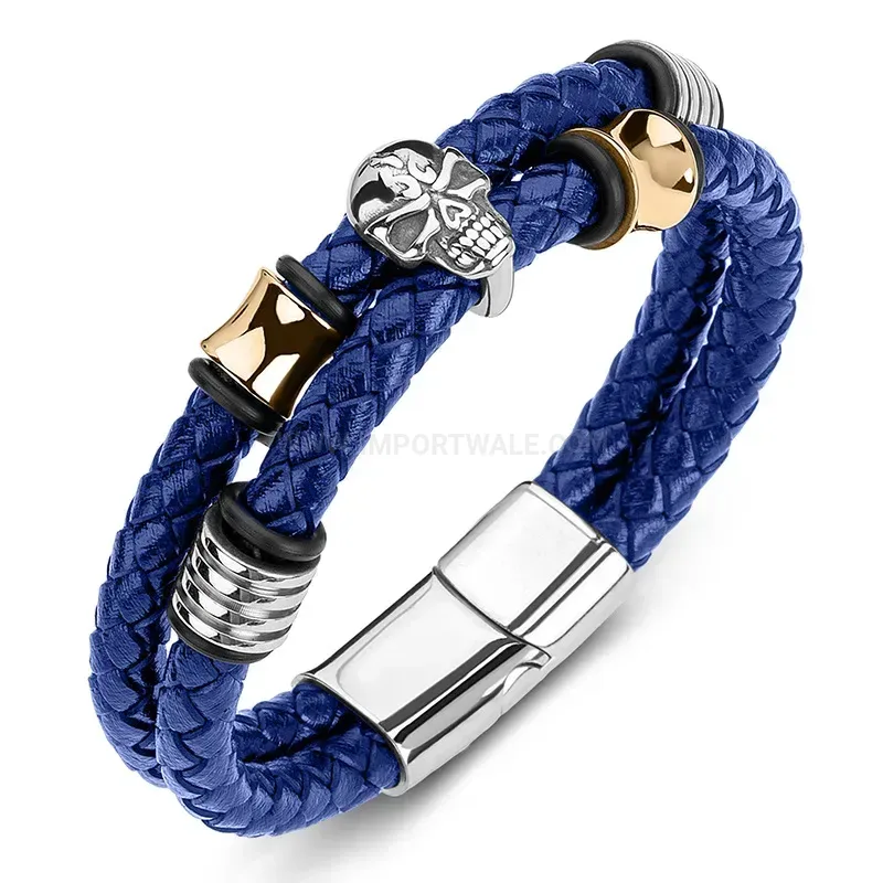 Chic Double Wrap Leather Bracelet With Stainless Steel Flame Skull Beads
