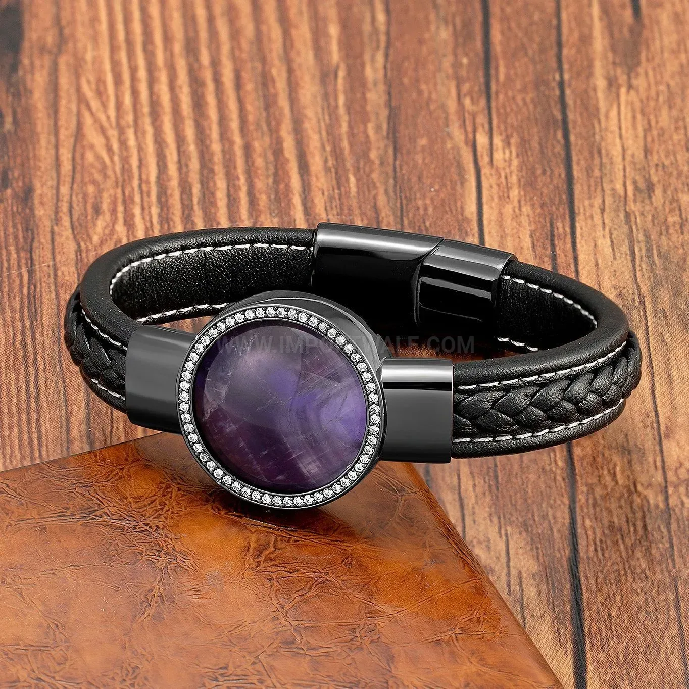 Vintage Leather Stone Bracelet with Zircon Inlay and Stainless Clasp