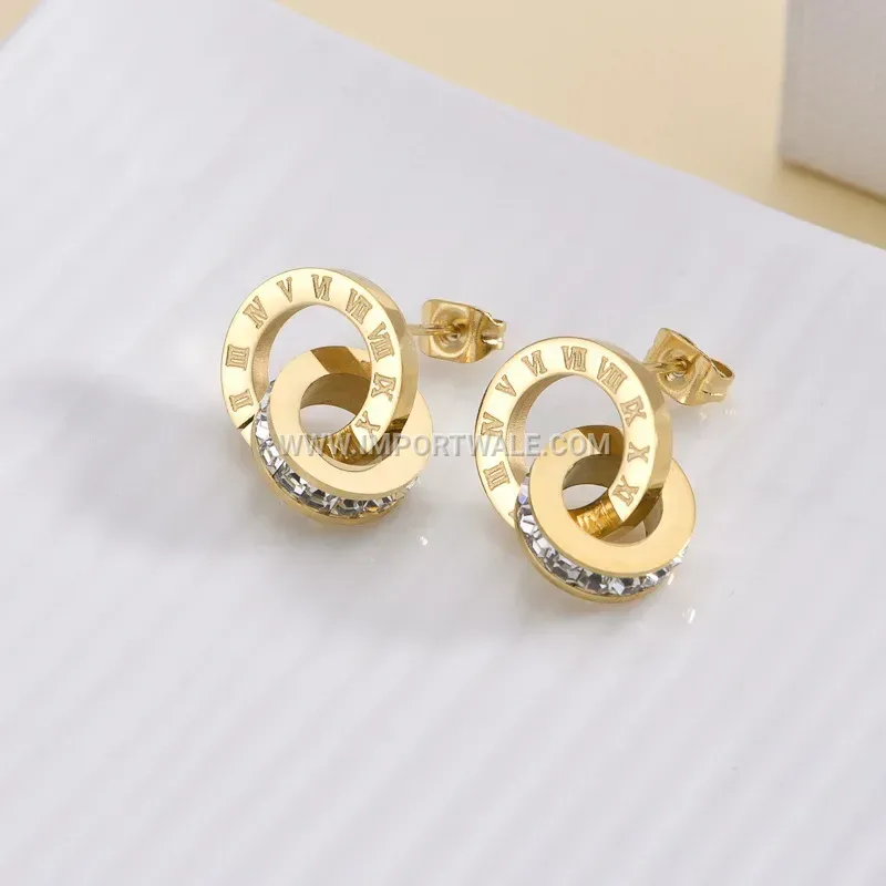 Zircon Accent Roman Numeral Double Ring Titanium Steel Stud Earrings