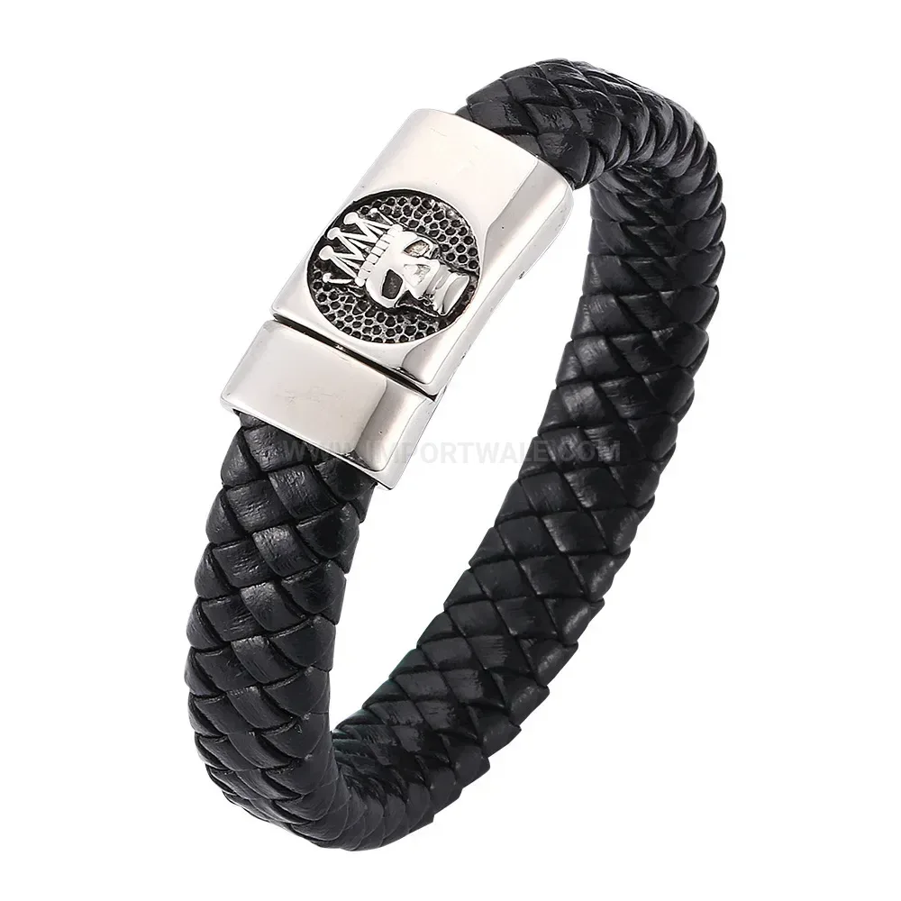 Skull And Crown Leather Wristband With Stainless Steel Magnetic Clasp