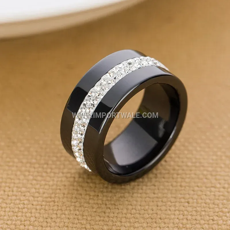 Double-Row Crystal Inlaid 10mm Wide Ceramic Ring