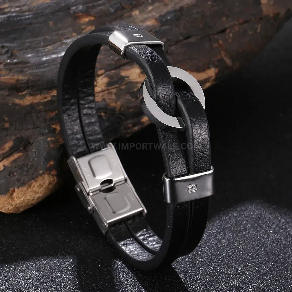 Gemstone Inlaid Leather Stainless Steel Circular Accent Bracelet