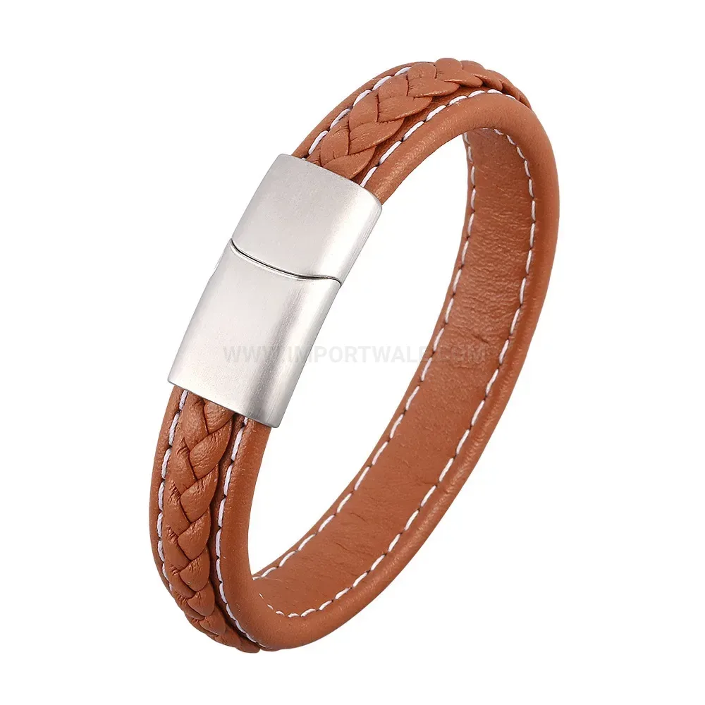 Handcrafted Brown Leather Bracelet with Stainless Steel Clasp