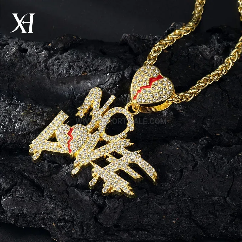 Premium Pave Crystal Broken Heart Initial Alloy Chain Necklace