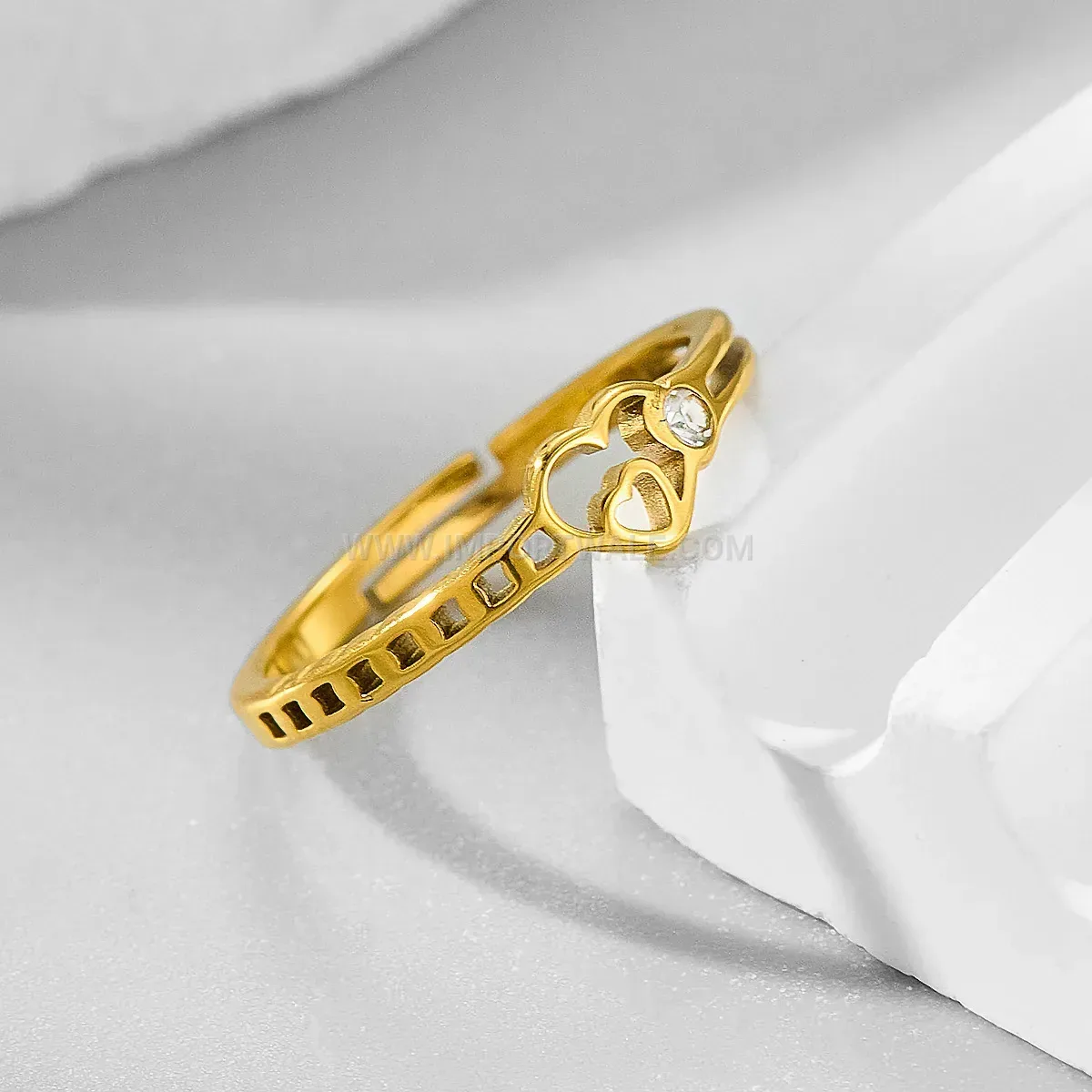 Gold Plated Cutout Heart Crystal Stainless Steel Ring