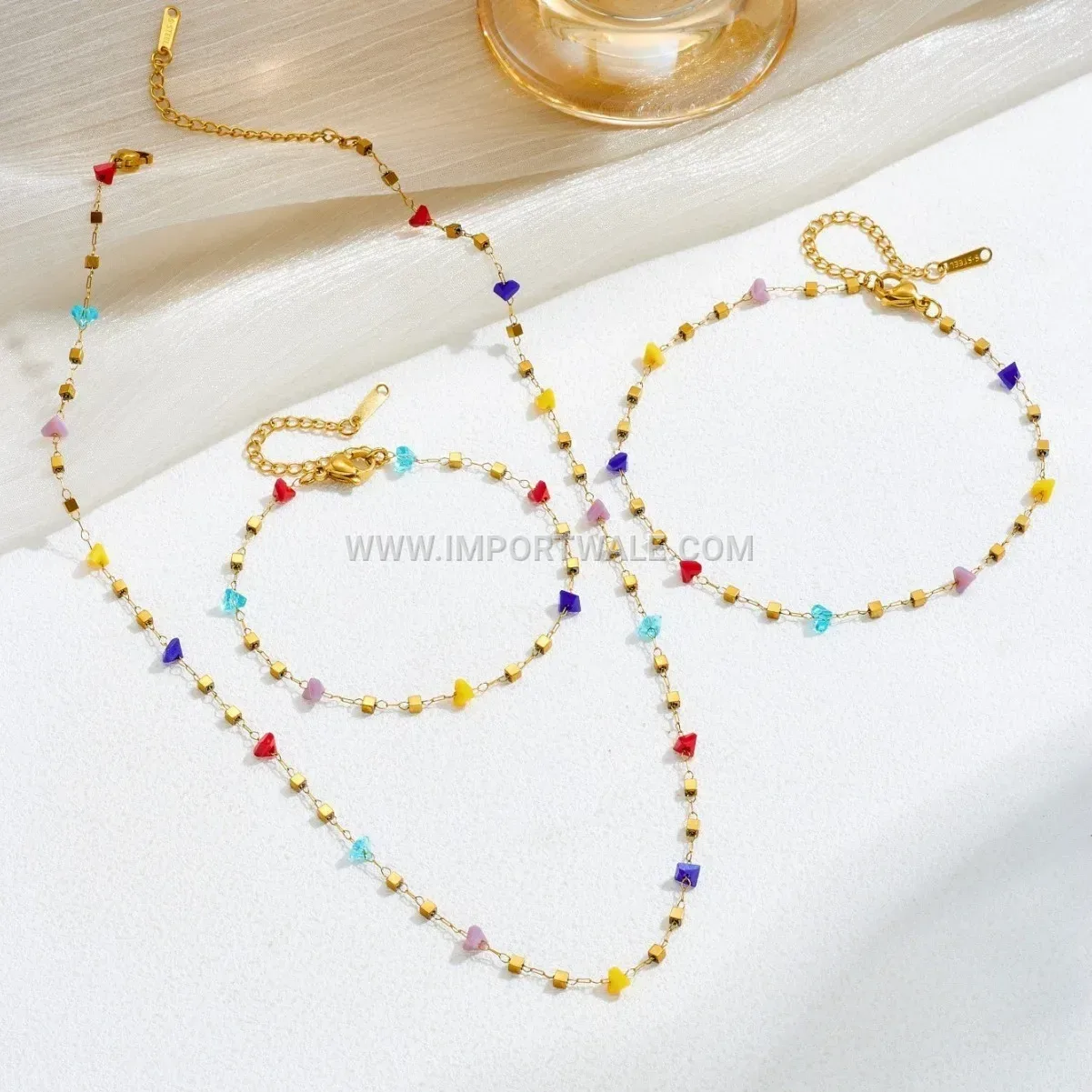 Beaded Cubic Square Pendant Stainless Steel Premium Anklet Anti Tarnish