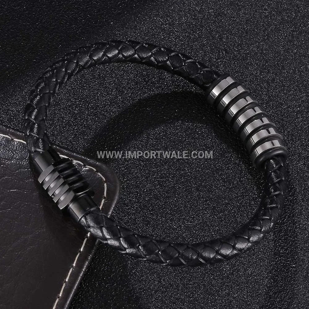 Woven Leather Wrap Bracelet With Stainless Steel Magnetic Clasp