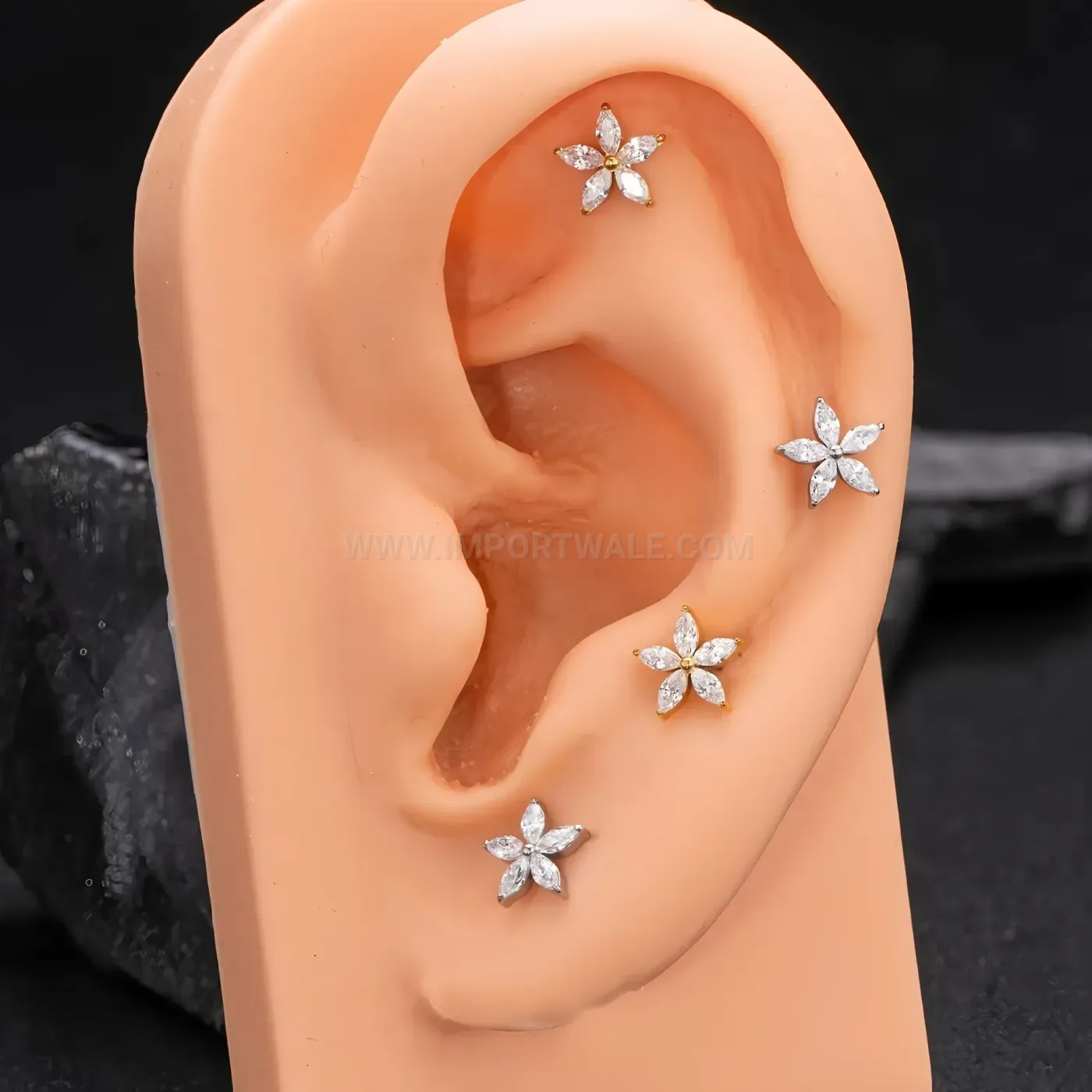 Designer Delicate Rhinestone Flower Stainless Steel Piercing Ear Cartilage Stud