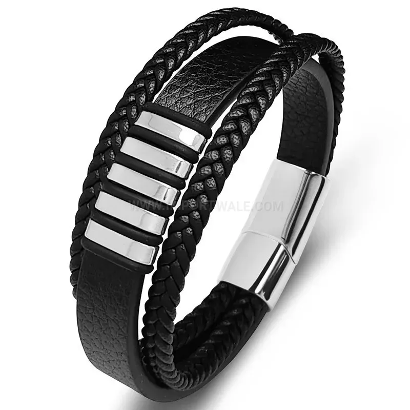 Fashion Woven Leather Wrap Bracelet with Plated Metallic Accent