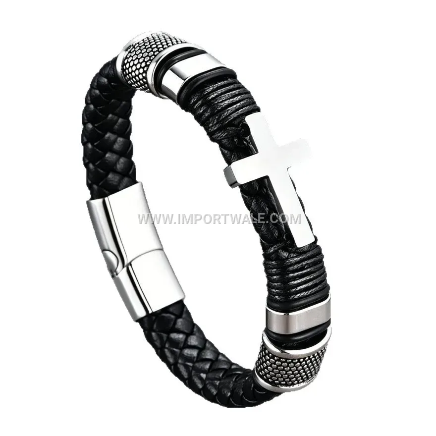 Men's Braided Leather Cross Element Magnetic Clasp Bracelet