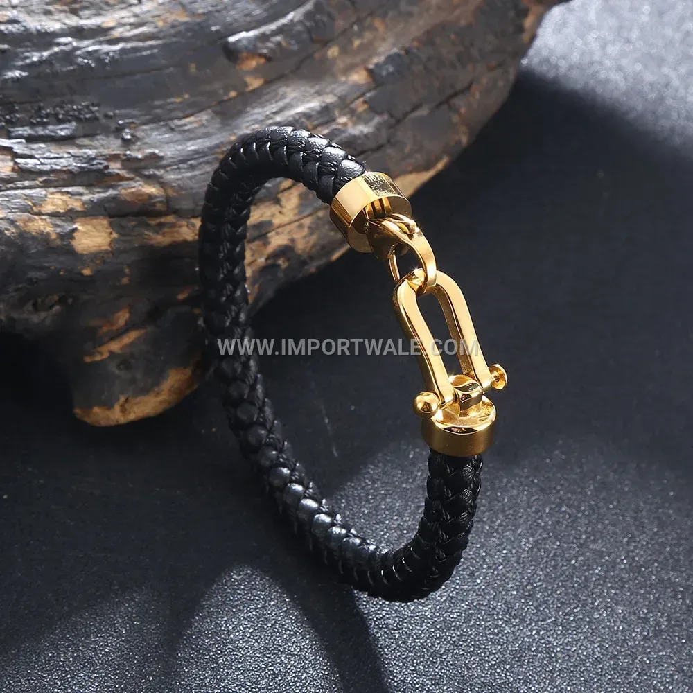 Gold Plated Stainless Steel Horseshoe Buckle Braided Leather Bracelet