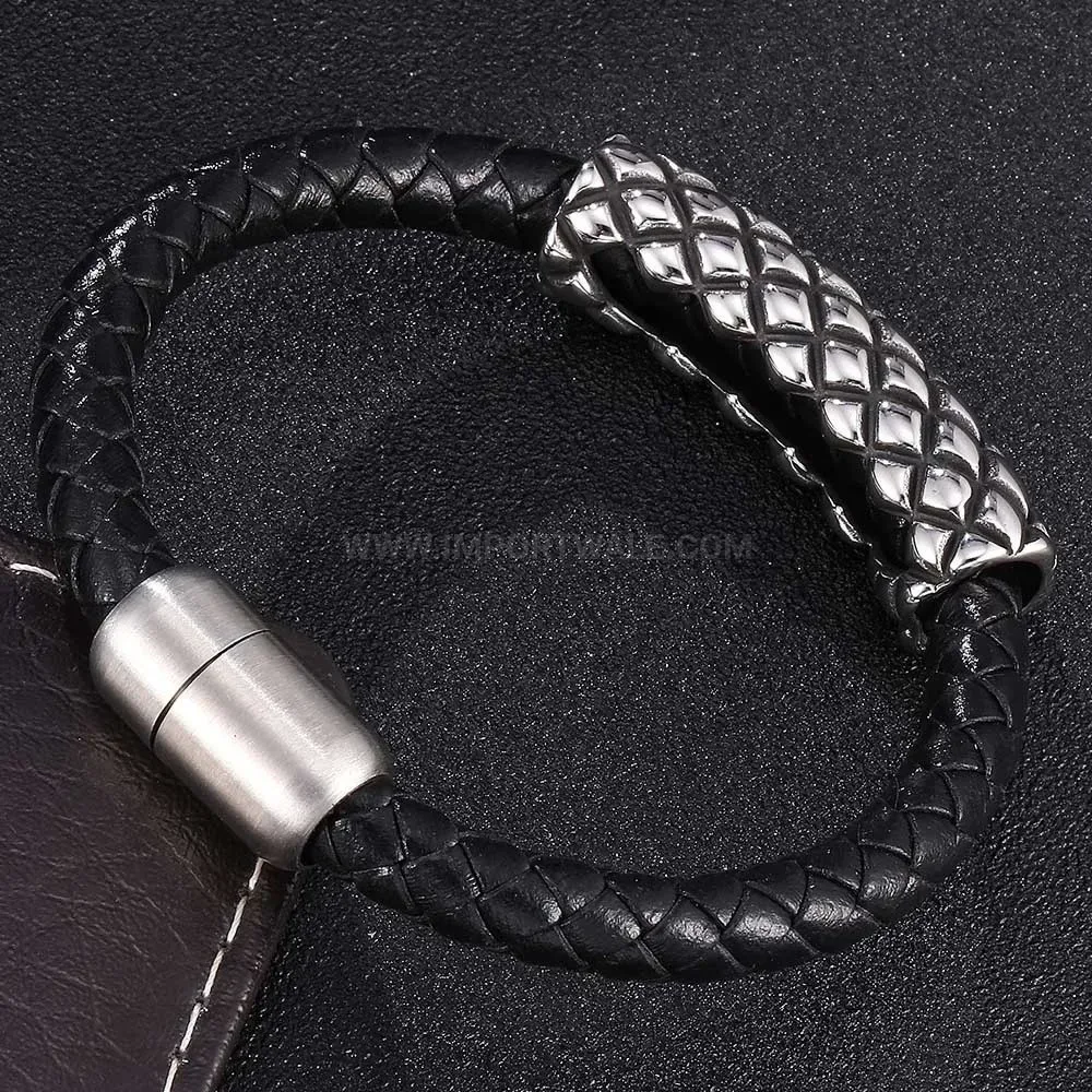 Braided Black Leather Bracelet with Steel Magnetic Clasp