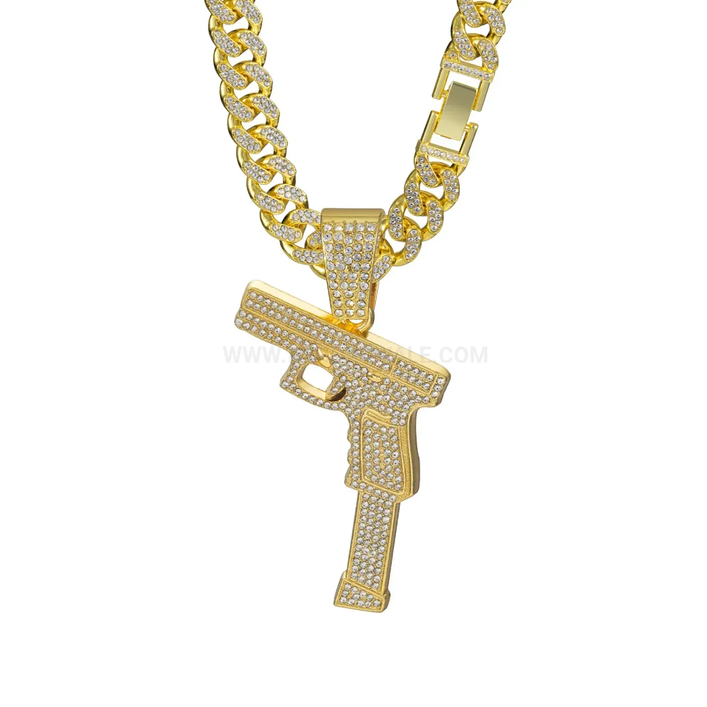 Rhinestone Pistol Motif Pendant Cuban Chain Necklace