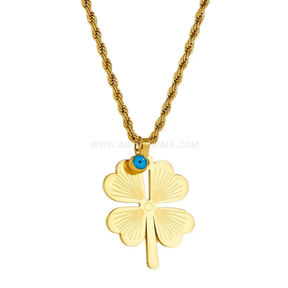 Stylish Gold Stainless Steel Engraved Four-Leaf Clover Long Pendant Necklace