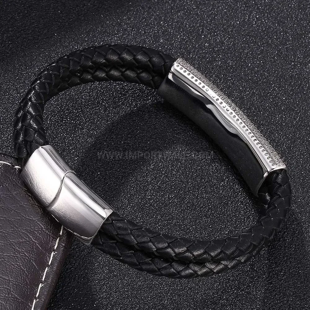 Woven Leather Wristband with Polished Stainless Steel Magnetic Clasp