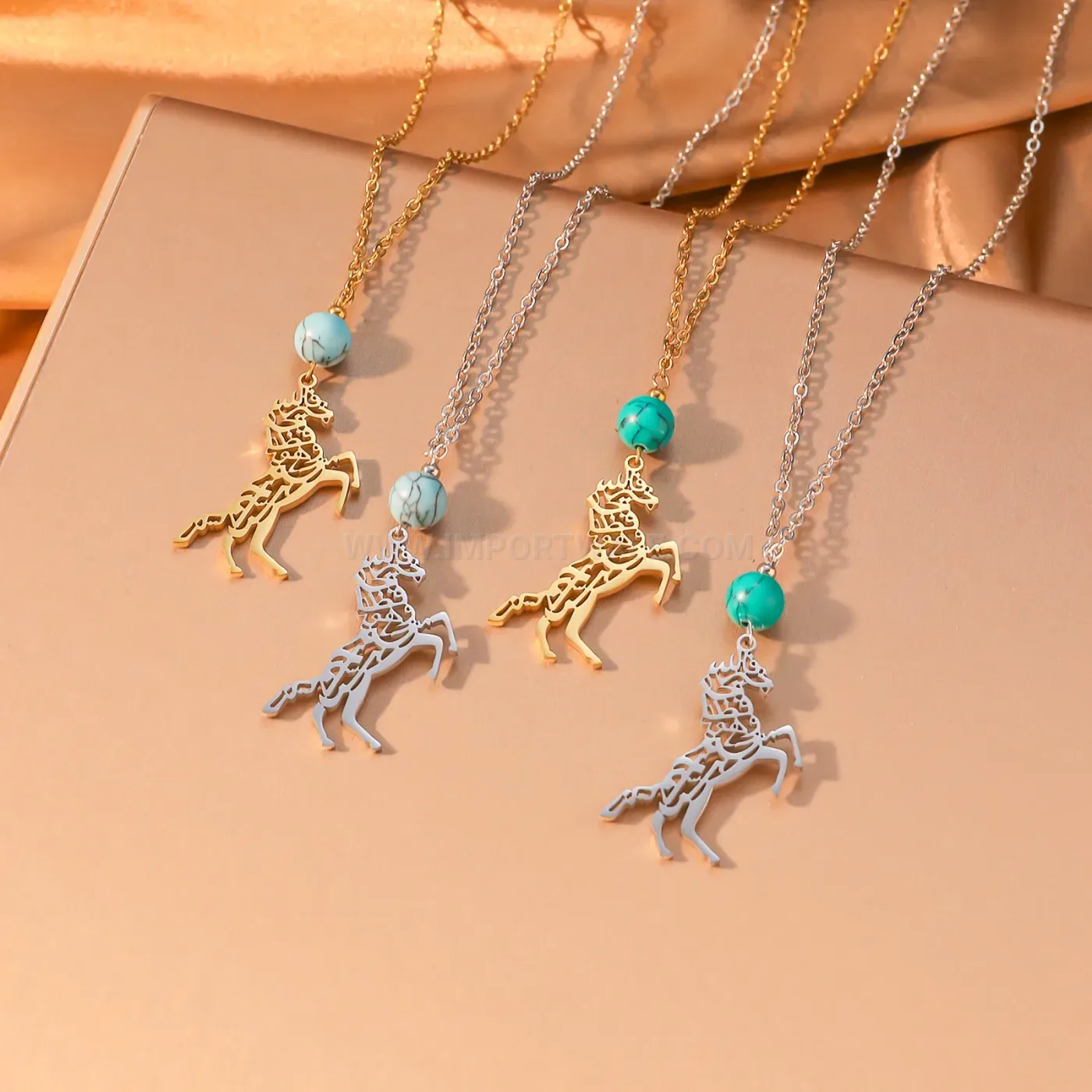 Stainless Steel Horse Calligraphy Pendant Necklace with Turquoise Bead